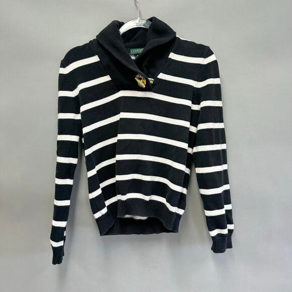 Lauren Ralph Lauren navy & white striped shawl collar sweater size medium - Picture 8 of 15